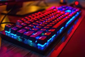 A close-up of a mechanical gaming keyboard with RGB lighting on a desk during the evening photo