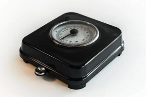 Antique mechanical scale on a white background showcasing vintage design and precision measurement photo