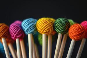 Colorful yarn balls on wooden sticks arranged in a vibrant display against a dark background photo
