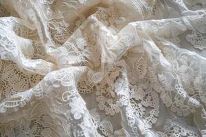 Delicate cream lace fabric draped elegantly on a soft background photo