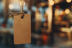 A blank brown tag hanging in a cozy cafe with warm lighting, suggesting a unique product or service at dusk photo