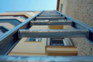 Looking up a metal ladder against a building under a clear blue sky photo