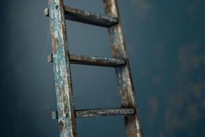 Weathered wooden ladder against a textured blue wall in a rustic setting photo