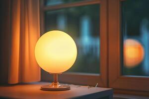 Soft glow of a round lamp on a table beside a window at twilight photo