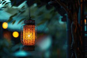 A glowing lantern illuminates a tranquil garden at dusk photo