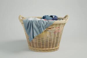 Woven laundry basket filled with assorted clean clothes on a light background photo