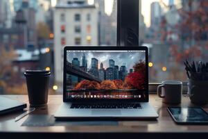 Cozy workspace with a laptop displaying a city skyline at sunset and autumn foliage in a New York setting photo