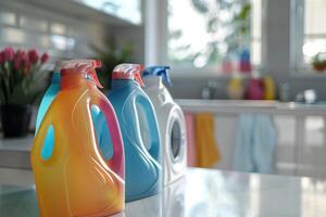 Colorful detergent bottles arranged on a countertop in a bright laundry room during daylight photo