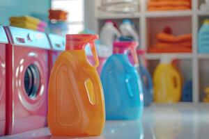Colorful laundry detergent bottles in a bright laundry room with clean towels stacked on shelves photo