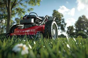 A vibrant red lawn mower stands on fresh green grass in a sunny park during the afternoon photo