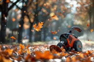 A gas-powered leaf blower at work in a park surrounded by colorful autumn leaves on a bright afternoon photo