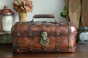Vintage leather travel trunk on a wooden table with decorative elements and a lamp in a cozy room photo