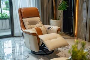 Comfortable reclining chair in a modern living room with natural light and stylish decor photo
