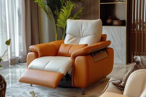 Modern leather recliner in a stylish living room with natural light and indoor plants photo