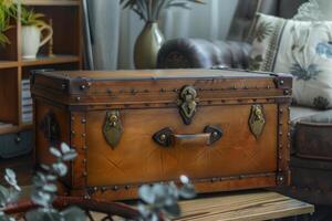 Antique leather trunk placed on a wooden table in a cozy living room decorated with plants and elegant furniture photo