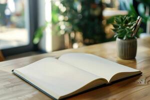 A blank open notebook rests on a wooden table near a potted succulent plant in a sunlit cafe photo