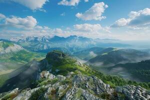 Scenic mountain landscape with rolling hills and misty valleys under a bright blue sky photo