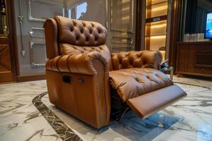 Luxurious brown leather recliner in a modern living room with elegant decor and marble flooring photo