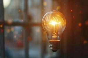 A glowing light bulb suspended in mid-air with warm illumination in a dimly lit room photo