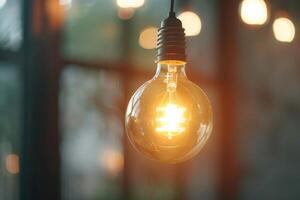 Warm light bulb glowing in a cozy indoor setting with blurred background photo