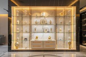 Elegant display cabinet showcasing decorative vases and sculptures in a modern interior setting photo