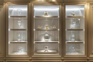 Elegant display of crystal glassware in a well-lit exhibition cabinet photo