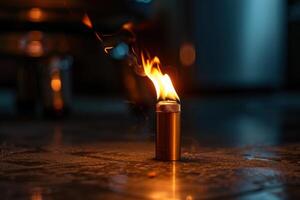 A lit lighter ignites a flame in a dimly lit indoor setting at night photo