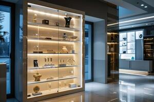 Elegant jewelry display in a modern retail store during evening lighting photo