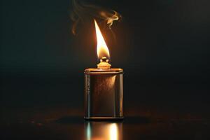 A classic metal lighter emits a bright flame surrounded by wisps of smoke in a dimly lit setting photo