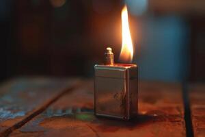 A silver lighter ignites a steady flame on a rustic wooden surface in a dimly lit setting photo