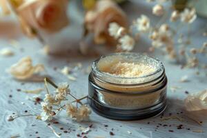 Natural skincare product with floral decorations on a marbled surface in a soft, natural light setting photo