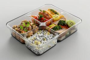 Four-section food tray with grilled chicken, vegetables, and rice on a light background photo