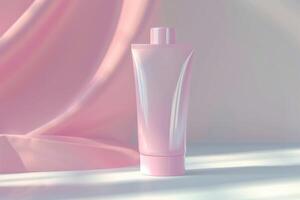 Soft pink tube of cream placed against a light backdrop with gentle fabric draping photo