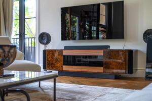 Modern living room featuring stylish furniture, a large television, and a contemporary design in natural daylight photo