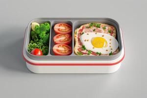 Healthy lunchbox with grilled chicken, vegetables, and fried egg on a gray background photo