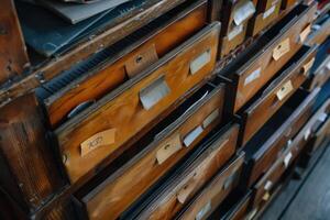 Wooden storage drawers filled with organized files in an old office setting photo
