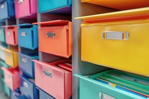 Colorful storage boxes arranged neatly on shelves in a modern office setting photo
