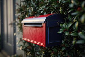 Red and blue mailbox attached to a green shrub by a residential home in the late afternoon light photo