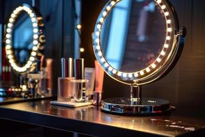 Elegant makeup vanity with illuminated mirror and beauty products displayed in a modern setting photo