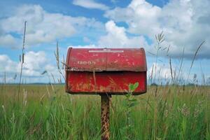 A weathered red mailbox stands in a lush green field under a bright blue sky with fluffy clouds photo