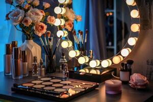 Makeup station with elegant flowers and illuminated mirror at dusk photo