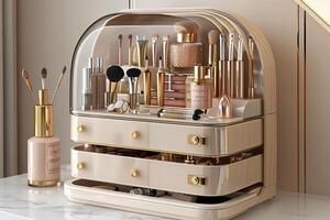 Organized makeup display with gold accents on a countertop in a modern bathroom setting photo