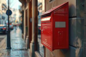 A red mailbox stands on the sidewalk of a bustling city street in the afternoon sunlight photo
