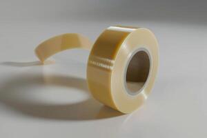 Roll of transparent tape on a flat surface with a portion unspooled photo
