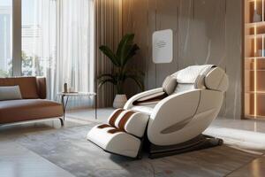 Modern massage chair in a stylish living room with large windows and warm natural lighting photo