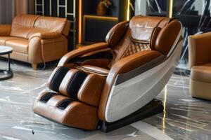 Luxurious brown massage chair in a modern living room during daylight photo