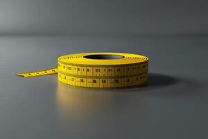 A close-up of a yellow measuring tape on a smooth gray surface in a well-lit setting photo