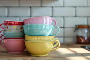 Stacked colorful ceramic cups on a wooden kitchen countertop with a bright and cozy atmosphere photo