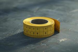Yellow measuring tape rolled up on a gray surface in bright light photo