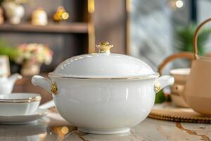 Elegant white ceramic serving bowl with gold accents on a marble table in a beautifully decorated dining area photo